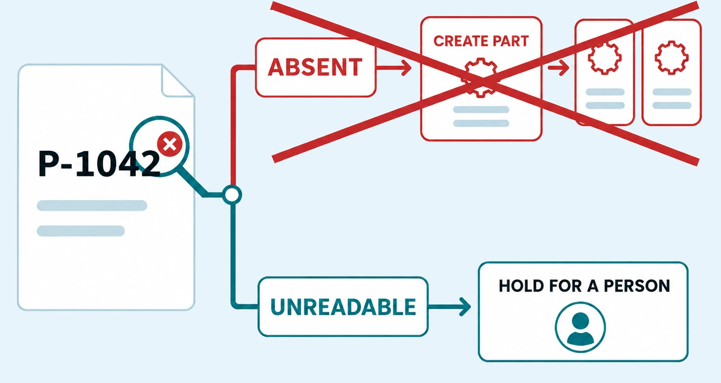 A quote line whose catalogue lookup failed. The path marked absent, which would create a new part and leave a permanent duplicate, is struck through; the path taken marks the line unreadable and holds it for a person